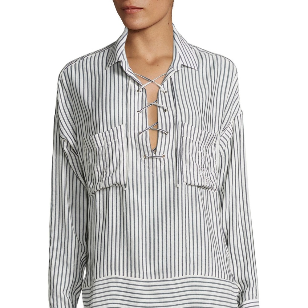 The Kooples Cord Stripe Lace Up Ecru Popover Top